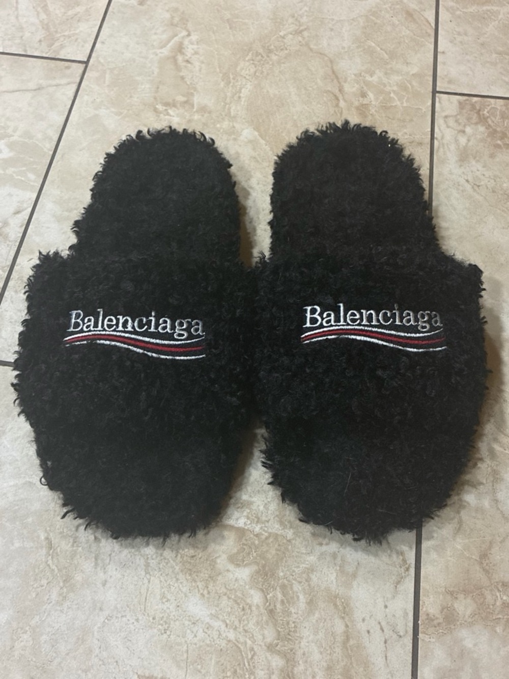 Balenciaga Black Fuzzy Logo Slide Slippers with Red & White Accent